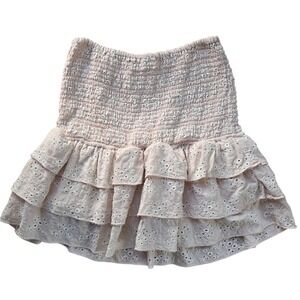 Olivaceous Smocked Pink Eyelet Tiered Ruffle Mini Skirt Pastel Boho Coquette M